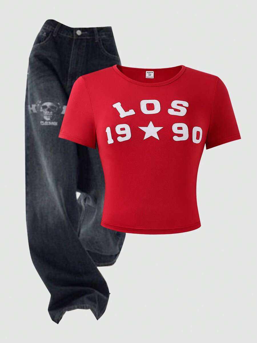 SHEIN Explorewe 复古学院风修身短袖数字和字母刺绣 T 恤，适合少女、夏季休闲装和运动装