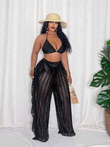 Slaydiva Plus Size Women Wave Striped Mesh Cover Up & Wide Leg Pants Set For Summer Beach Vacation - Black - View 4
