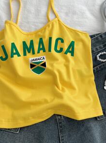 SHEIN EZwear 性感运动风格非洲杯牙买加牙买加国旗足球女式运动休闲性感吊带背心，适合夏季和运动季节 - 黃色 - 查看 5