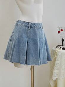 SHEIN MOD 女士纯色褶皱侧拉链休闲百搭牛仔裙、褶裙、女士夏季连衣裙、女士生日裙、女士商务休闲裙、乡村音乐会裙、女士音乐会裙、女士休闲裙、女士度假裙、茶会裙、女士邮轮裙 - 淺色水洗藍 - 查看 3