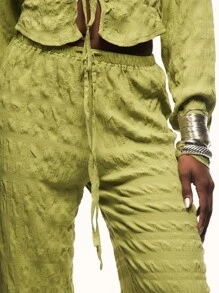 TypaGal Loose Textured Drawstring Wide Leg Pants, Fashionable For Summer - Green - View 4