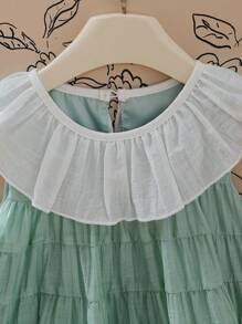 SHEIN Girls Elegant Round Neck Sleeveless Ruffle Hem A-Line Layered Cake Dress, Loose Fit, Suitable For Holiday Party, Birthday Gift, Vacation, Summertime - Green - View 4