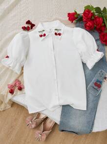 SHEIN Explorewe Camicia con colletto arricciato ricamato, maniche a sbuffo e fiocco decorativo sul davanti per ragazze pre-adolescenti - Bianco - Visualizzare 4