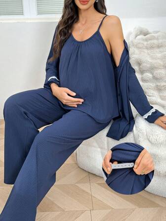 Moonlight & Mama 孕妇三件套纯色针织休闲吊带背心、睡袍和裤子家居服套装，舒适保暖，秋冬季