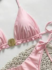 Swim Mod Bộ bikini màu hồng đơn giản dây mảnh họa tiết vỏ sò kim loại trang trí mùa xuân cho nữ, mùa hè - Hồng - Xem 6