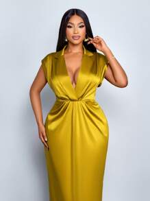 SOLERSUN Women Commute Minimalist Office Old Money Simple Lapel Neck Batwing Sleeve Ruched Bodycon Satin Dress Maxi Women Outfit - Yellow - View 4