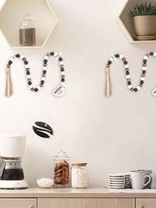 1pc Farmhouse Coffee Cup Wooden Bead Wreath, Home Tray Decoration, Coffee Bar, Tassel Bead Wreath, Farmhouse Country Bead Yellow Rope Grid Tassel Tray Decoration, Retro Room Decoration, Home Rope Prayer Wall Decoration, Vase Decoration, Suitable For Halloween, Christmas, Thanksgiving, Home Decoration, Room Decoration, Wall Decoration - Multicolor - View 4