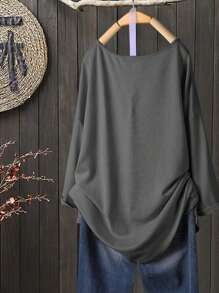 Women Plus Size Dark Gray V-Neck Side Split Loose Casual Short Sleeve T-Shirt - Dark Grey - View 2