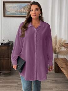 SHEIN LUNE 冬季服装纹理休闲大码纯色夏季长袖衬衫 - 淺灰紫 - 查看 5