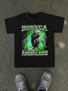 Men's Boneca Ambalabu T-Shirt, Silly Frog Weird Meme Graphic Printed Casual T-Shirt, Street Fashion, Gift For Music Lovers, Stylish Graphic T-Shirt, Unique Artsy Minimalist Casual Black T-Shirt, Graphic Short Sleeve T-Shirt, For Birthday - Black - View 1