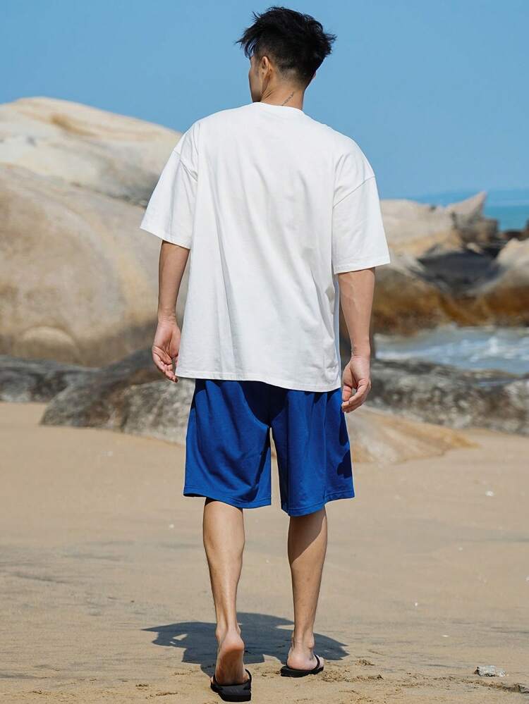 Summer Colorful Letter Print White T-Shirt & Blue Shorts 2-Piece Outfit, Beach Style Men Set