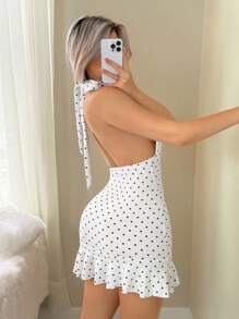 Vestido casual, de vacaciones, de estilo retro, con escote en V profundo y estampado de lunares blanco y negro - Gris Oscuro - Ver 3