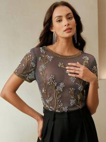 Anewsta 女式现代奢华圆领露背铆钉网眼套头衫串珠细节上衣，适合夏季、节日、优雅、假日、度假、休闲 - 灰色 - 查看 5