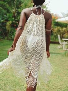 Travachic Plus Size Lace Hollow Out Tassel Halter Neck Beach Coverup For Summer Country Concert Outfit - Apricot - View 2