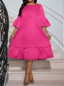 SHEIN Lady 春夏休闲优雅波西米亚风优雅休闲工作白色圆领花瓣袖长袖女士连衣裙度假装女士沙滩装女士海滩度假沙滩裙婚礼宾客礼服女士商务休闲女士舞会礼服 - 玫紅色 - 查看 4