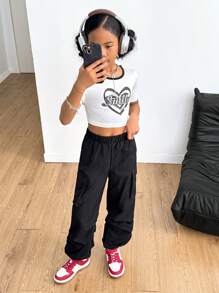 SHEIN Explorewe 青少女愛心字母印花T恤和純色貨物褲2件套裝