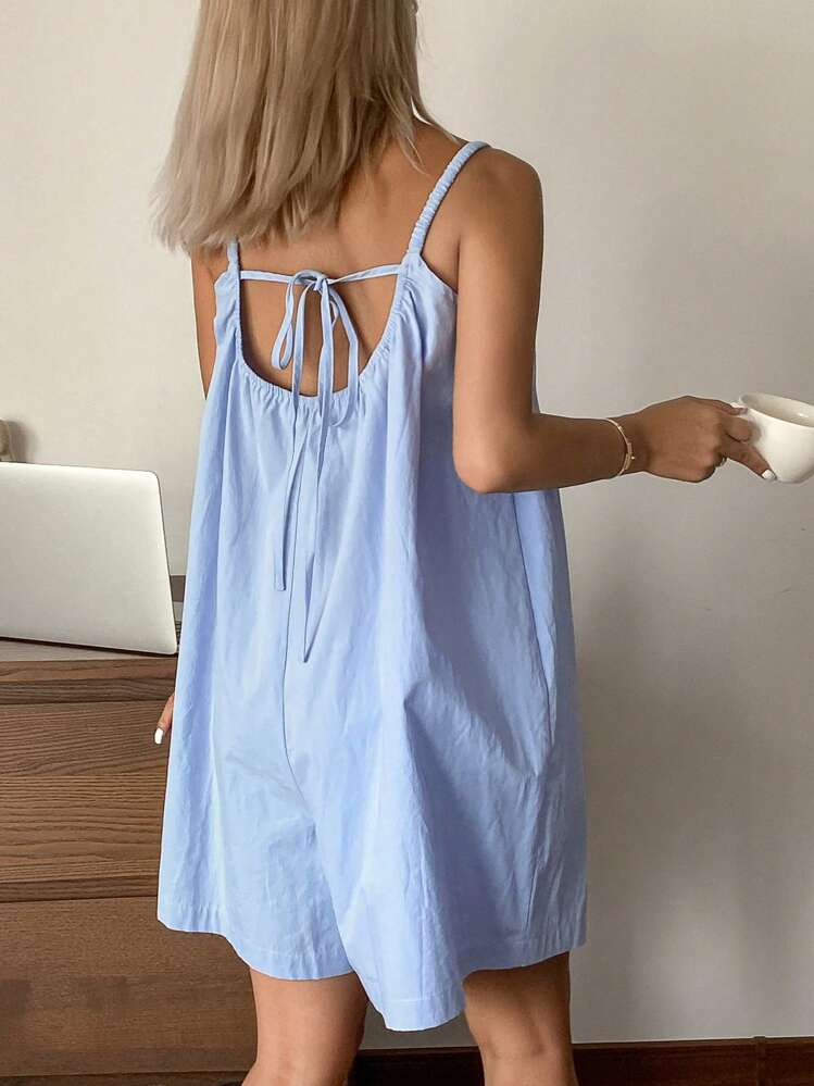 Livesso 简约纯色露背宽松阔腿连体衣女士家居服睡衣 - 藍色 - 查看 5