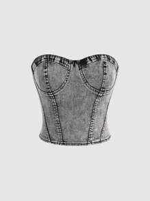 SHEIN MOD 緊身上衣抹胸牛仔上衣 - 灰色 - 查看 1