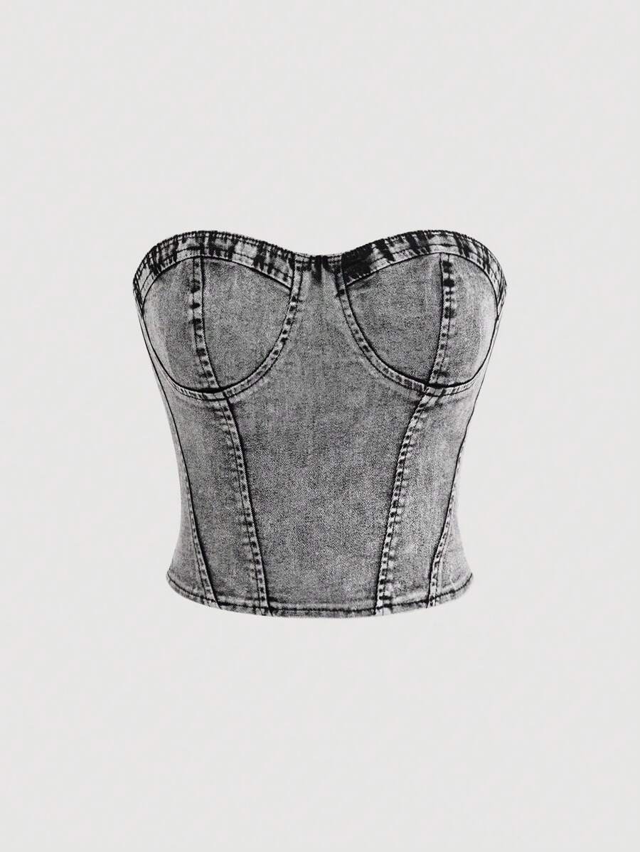 SHEIN MOD 緊身上衣抹胸牛仔上衣 - 灰色 - 查看 1