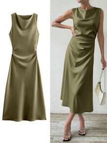 女士优雅长腰褶皱设计连衣裙