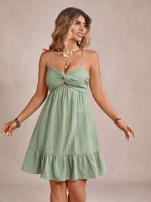 SHEIN VCAY Vestido de tirantes finos con retorcido de unicolor para mujer de talla grande para vacaciones - Verde - Ver 5