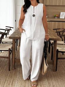 EMERY ROSE 2pcs/Set Plus Size Casual Solid Color Sleeveless Top And Pants Set