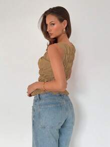 Roylia Summer Women Solid Color Crew Neck Ruched Sleeveless Tank Top - Khaki - View 2