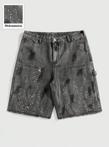 ROMWE MEN Street Life Men's Grunge Diamond Flame Print Cargo Denim Shorts - Dark Grey - View 1