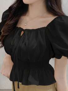 DAZY Women's Knot Waist Puff Sleeve Short Sleeve Black Blouse, Babydoll Top
