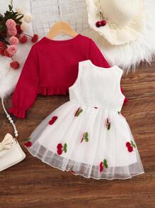 Infant/Toddler/Baby Girl 2Pcs Set: Red Knit Cardigan & White Strawberry Embroidered Mesh Dress, Cute & Elegant Style, Suitable For Spring, Summer, Autumn Seasons, Great For Outings, Parties - Red - View 2