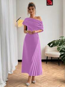 Flirla 1 chiếc váy midi xẻ tà tay ngắn xếp ly vai lệch cỡ lớn cho nữ - Màu tím - Xem 5