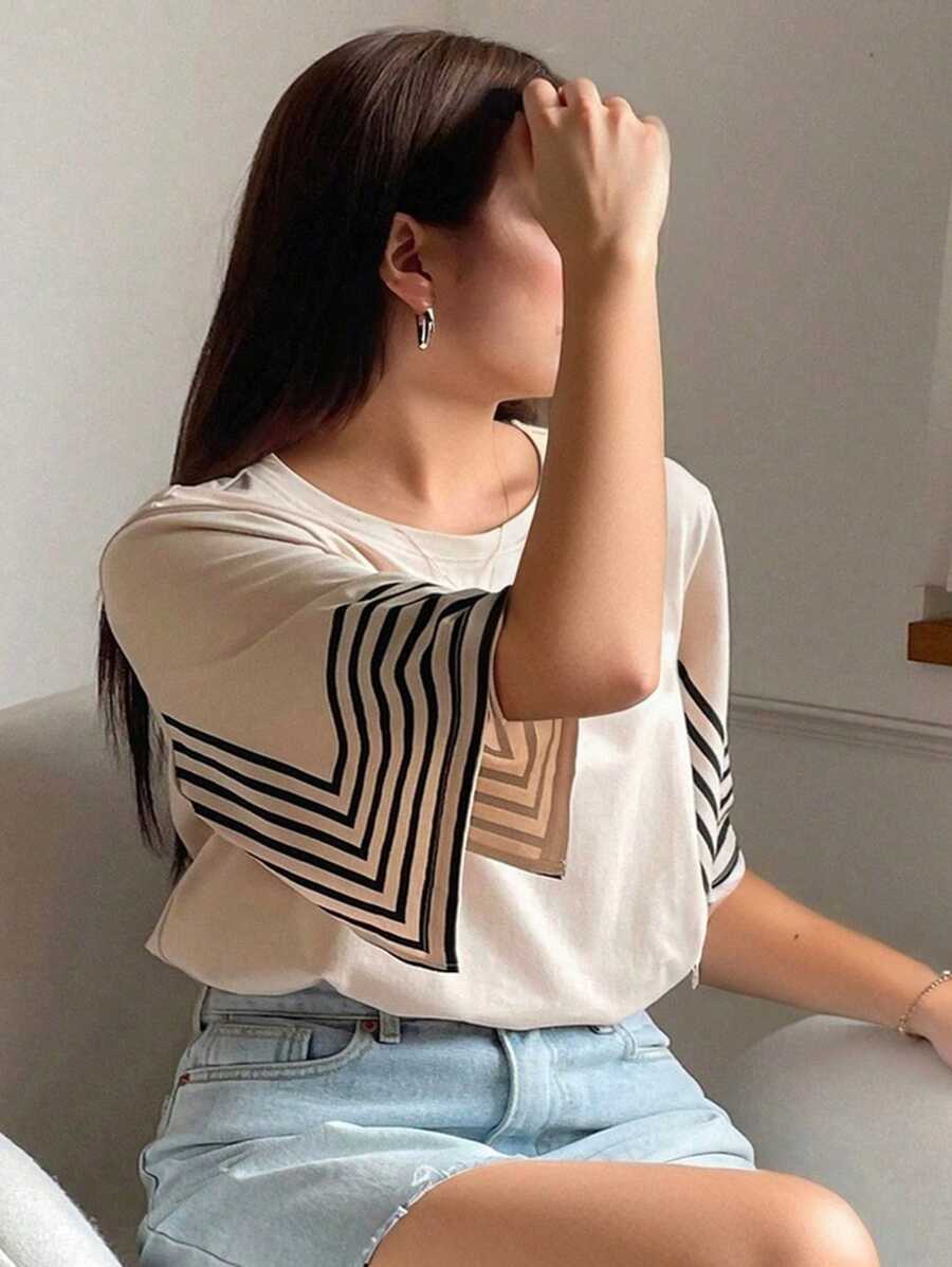 Dazy Plus Raglan Batwing Sleeve Contrast Stripe Patchwork Loose Round Neck Summer T-Shirt - Apricot - View 1