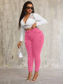 SHEIN SXY 大码珍珠装饰弹力蓝色牛仔紧身裤 - 粉色 - 查看 6