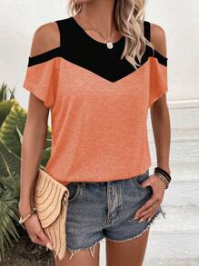 SHEIN LUNE Camiseta gráfica con hombros descubiertos y bloque de color para mujer - Naranja - Ver 3