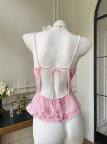 SHEIN EZwear 夏季串珠亮片花卉图案上衣 夏季晚会俱乐部荷叶边闪亮吊带背心 - 粉色 - 查看 5