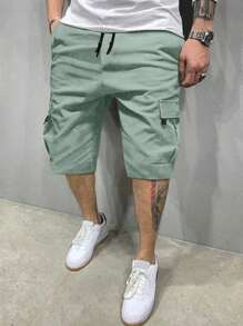 Manfinity Homme Pantalones cortos tipo cargo para hombre de ajuste holgado con bolsillo de solapa y cordón en la cintura