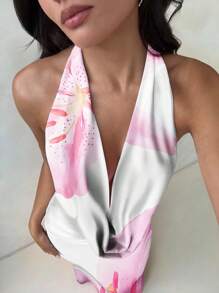 Aloruh 女士优雅度假全印花水彩百合图案垂坠领连衣裙，适合夏季、海滩度假、夏威夷度假、春假、毕业典礼 - 彩色 - 查看 5