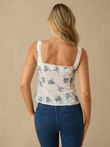 Enchnt 女士花卉印花蕾丝拼布系带休闲吊带背心 - 藍色 - 查看 7