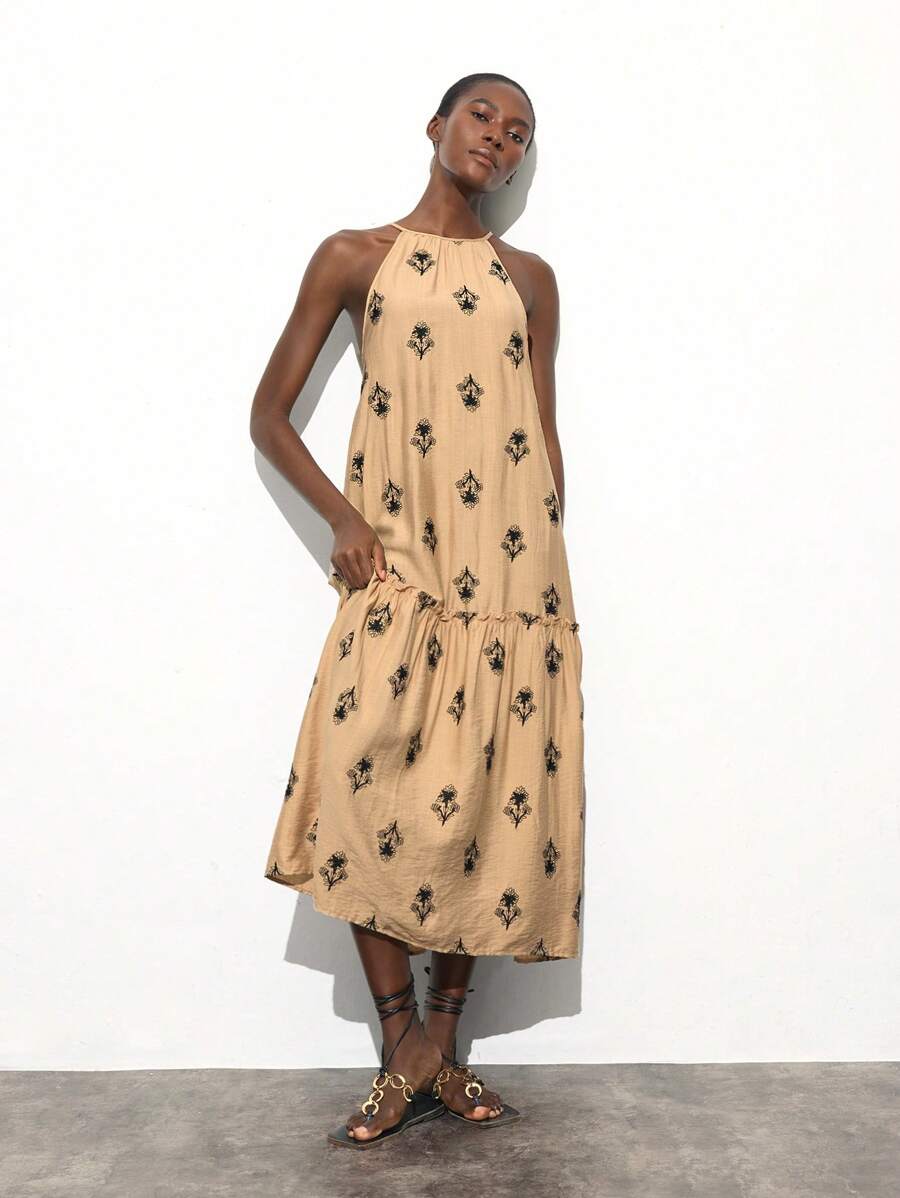 Maija 女士优雅花卉刺绣露背连衣裙，时尚假日休闲连衣裙设计，适合夏秋季女性 - 杏色 - 查看 1