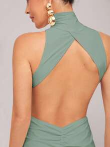 Silquee 女士优雅派对长袖高领性感露背连衣裙，带金属扣装饰，酒红色，安克尔红色，弹力针织面料，超长鸡尾酒会，浪漫约会，秋冬针织长裙，适合鸡尾酒会、婚礼、伴娘、正式活动、万圣节、圣诞节 - 薄荷綠 - 查看 7