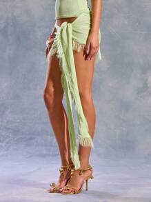 MUSERA Falda pareo de punto, primavera, verano, Ibiza, Y2K, chica cool, festival, rave, vacaciones, club, lindo atuendo de vacaciones de playa, rave festival, salida nocturna, fiesta, Navidad, elegante - Verde - Ver 3