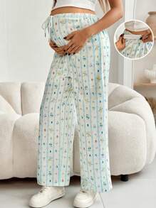 SHEIN Pantalones holgados de maternidad con estampado de dibujos animados, cintura ajustable - Multicolor - Ver 4