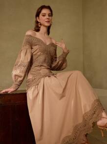 MOTF PREMIUM CONTRAST LACE ZIPPER DRESS - Khaki - View 1