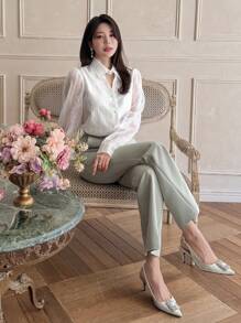 DAZY 女士宽松蕾丝镂空长袖优雅度假夏季上衣、衬衫 - 白色 - 查看 6