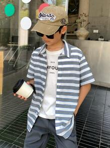 SHEIN 青少年男孩休闲短袖衬衫，运动、街头、朋克、摇滚、校园风格，适合日常外出、派对、音乐节，适合春夏季 - 彩色 - 查看 4
