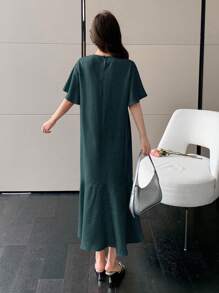 DAZY 纯色圆领荷叶边中长款女式连衣裙 - 藍色 - 查看 2