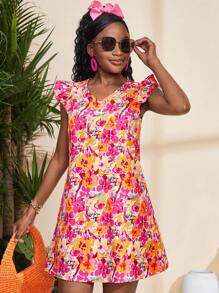 SHEIN Leap Crew Váy thường ngày chữ A cổ chữ V in hoa có tay bồng cho bé gái tuổi teen - Nhiều màu - Xem 4