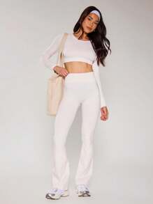 Musera Sport Ribbed High Waist Flared Yoga Pants Trousers Leggings, Padel, Tennis, Pickleball Gym Fitness - Pink - View 5