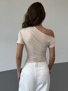 Aloruh Summer Plain Asymmetric Shoulder Cropped T-Shirt, Ruched Detail With Metal Decor, Slim Fit Short Sleeve Tee - White - View 3