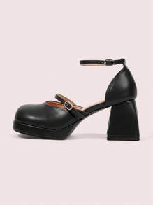 CUCCOO DOLLMOD 圆头玛丽珍鞋，新款法式系带搭扣镂空高跟厚底粗跟女鞋 - 黑色 - 查看 2